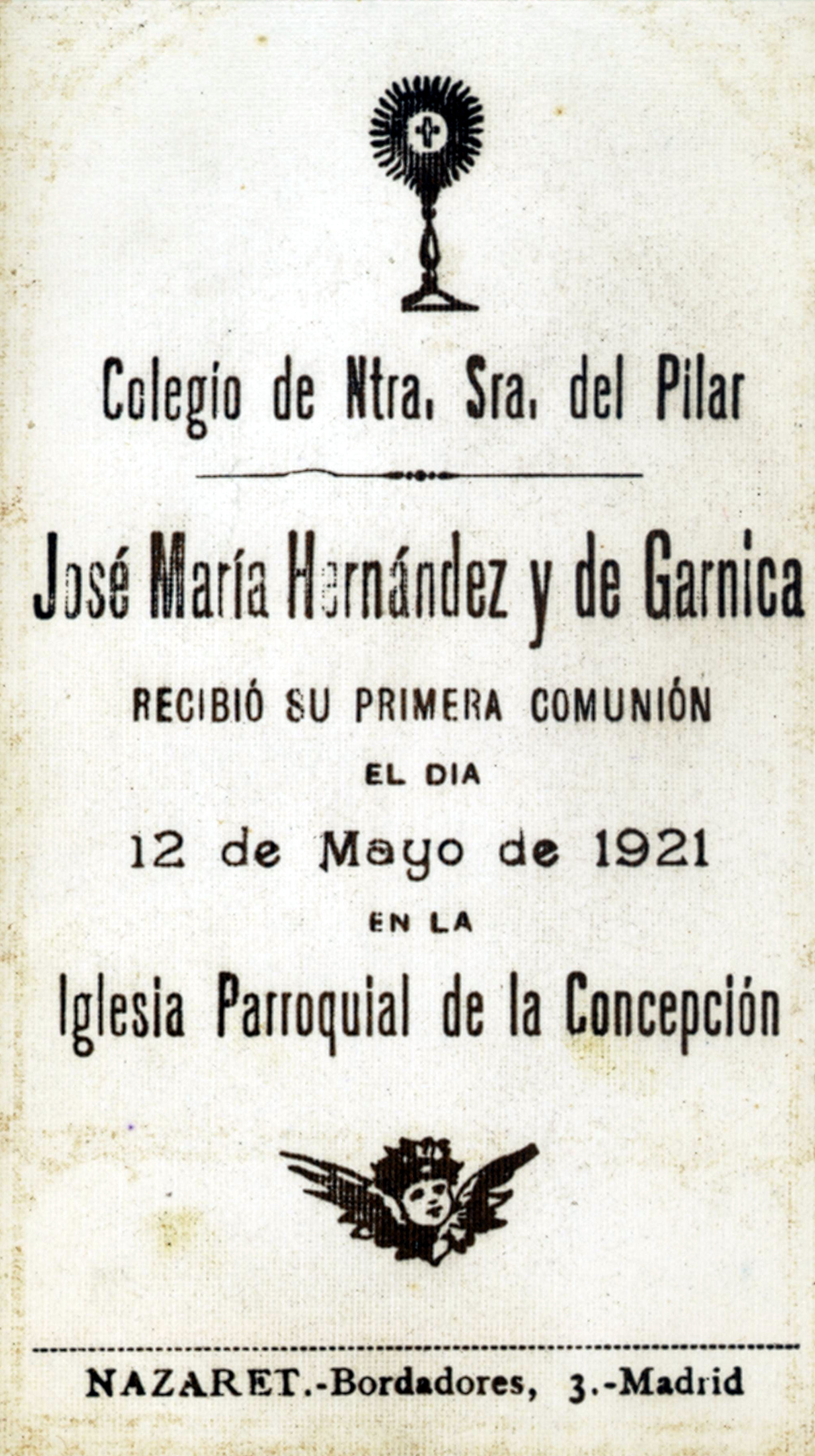 Recordatorio de la primera comunión de Chiqui. Reverso